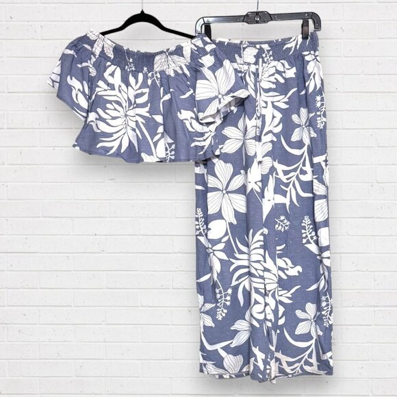 Kiwi & Punch Pants - Kiwi & Punch Blue White Tropical Two-Piece Set Wide Leg Crop Coastal Resort Chic